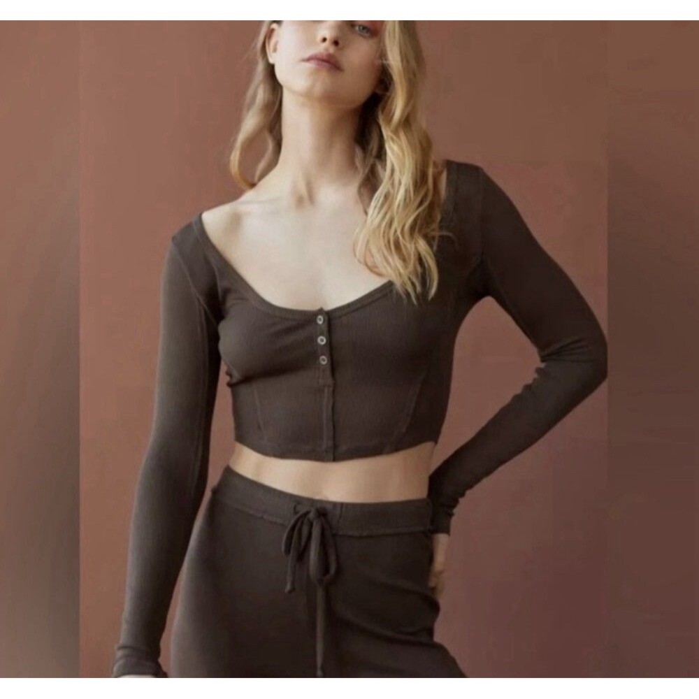 UO Out from Under Women's Sweet Dreams Cropped Tee Medium Brown Corset Knit Top